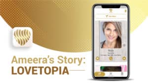 profile of a woman in lovetopia on a cell phone