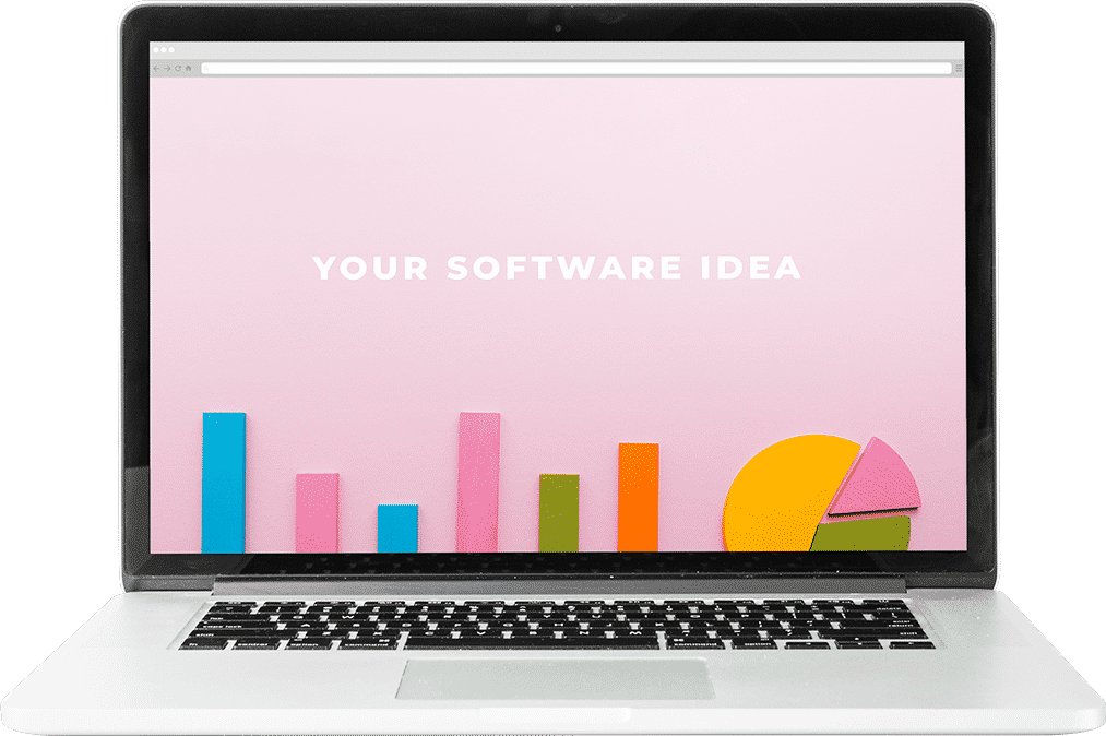 laptop on a mock site that says your software idea no background